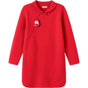 巴拉巴拉女童连衣裙中大童红色拜年服裙子秋冬季款童装儿童公主裙