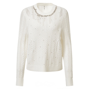 VGRASS维格娜丝春新款艺术绞花钉珠装饰绵羊毛针织衫镂空肌理上衣