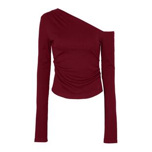 DPLAY秋季新款红色t恤女洋气修身长袖独特露肩斜肩上衣