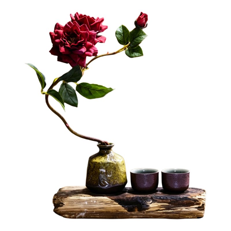 宋代美学茶室书房仿真月季花艺套装带复古花瓶新中式艺术插花