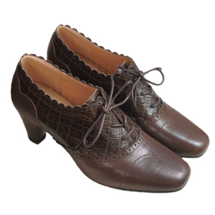 奈里法式复古牛皮棕拼花边深口系带高跟鞋民国气质旗袍皮鞋中古鞋