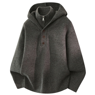 男士连帽假两件毛衣男款冬季半拉链针织衫毛衫设计感上衣2026新款