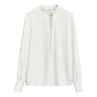 Amii2026春新款百搭通勤水滴镂空立领多造型领带衬衫女宽松上衣