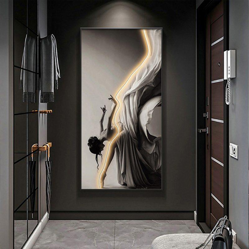 现代轻奢入户玄关客厅装饰画竖版带灯画发光画艺术人物挂画落地画
