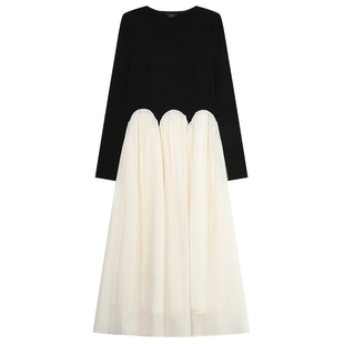 白鹿语优雅V领撞色拼接长裙春款设计感层次大裙摆连衣裙