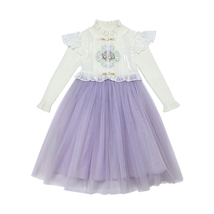 百丽童装女童连衣裙秋季新款儿童网纱公主裙小女孩盘扣新中式裙子