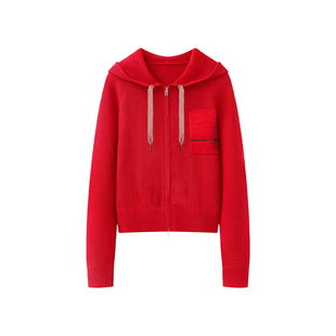 爱帝连帽双头拉链针织开衫女士红色毛衣新年本命年宽松外套山羊绒