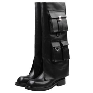 CALVINLUO 24新品 女式黑色工装平底裤管靴