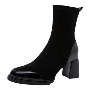 真皮瘦瘦靴女2025早秋单靴新款韩系小裸靴粗跟秋冬法式高跟短靴子