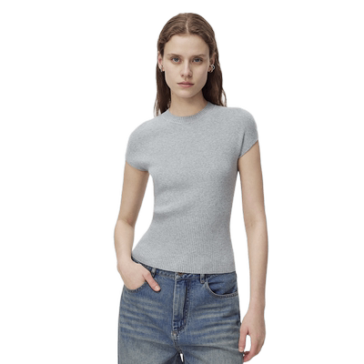 Fabrique BASIC灰色圆领罗纹针织套头衫女夏季新品