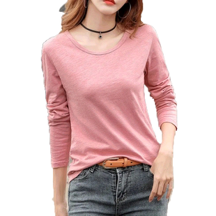 春秋纯棉大码女装长袖竹节棉t恤女打底衫圆领宽松修身外穿上衣服