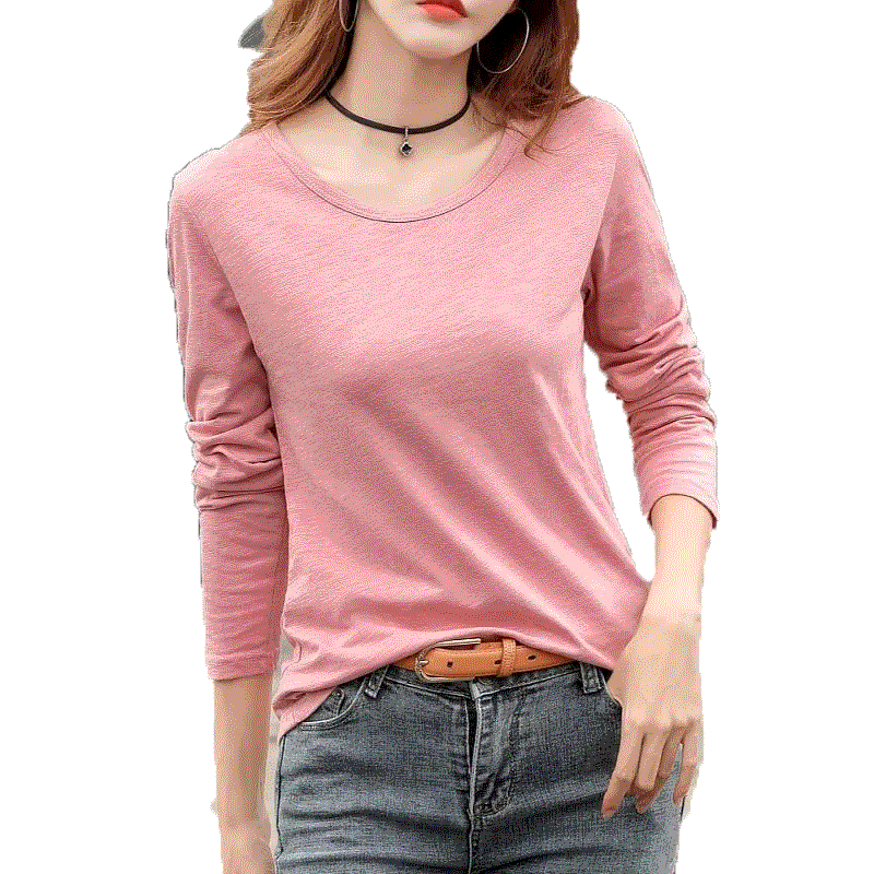 春秋季纯棉大码长袖竹节棉t恤女