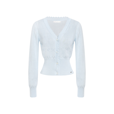 100莱赛尔蝴蝶结波浪边针织开衫