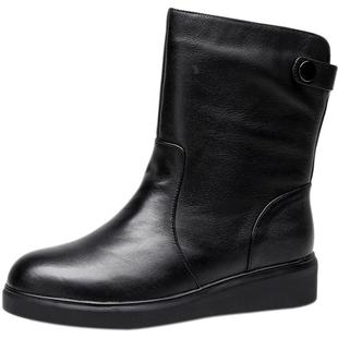 秋冬季女鞋平跟女靴真皮中筒靴平底靴子加绒棉靴棉鞋大码皮靴4143