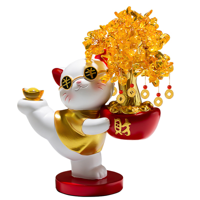 黄水晶发财树招财猫摆件开业礼物