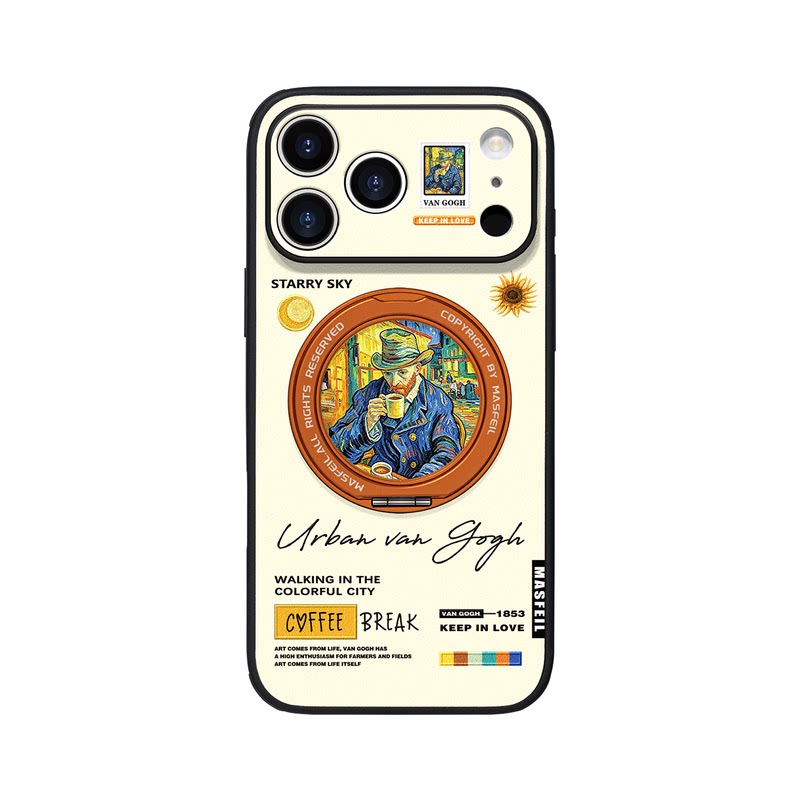 MASFEIL× 咖啡屋梵高适用iPhone17Promax手机壳新款ip15磁吸带支架苹果16Pro套Ho5支点好看高级感13pm全包女