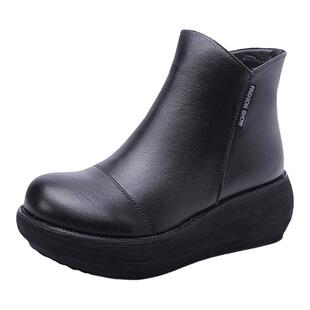 厚底真皮短靴女皮鞋2026秋季新款牛皮时装靴圆头单内里高跟女鞋潮