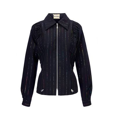 进口羊毛亮片拉链毛呢夹克收腰