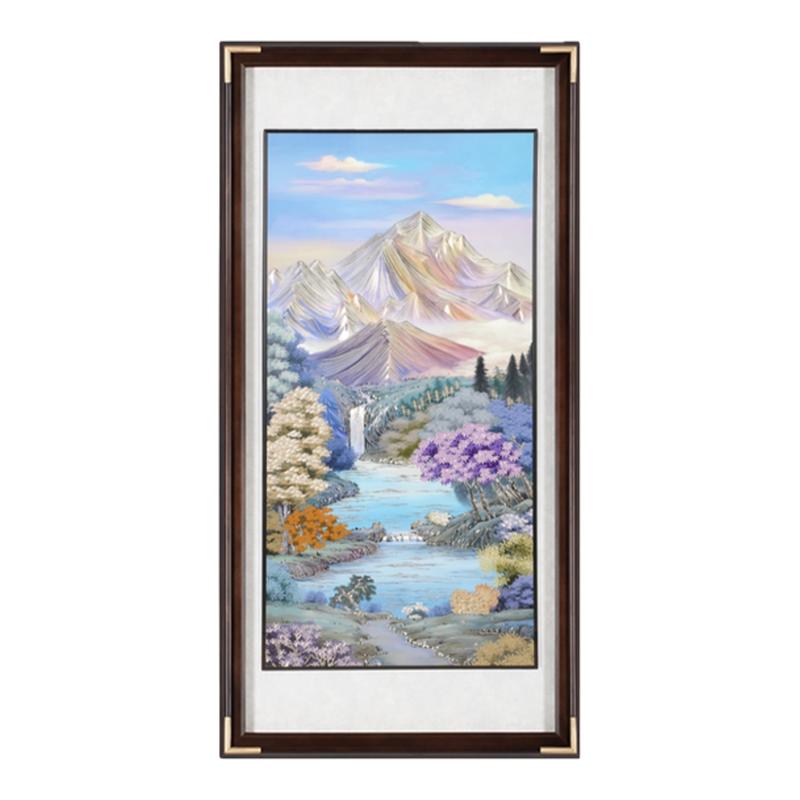 紫气东来手工铜雕竖版山水玄关画