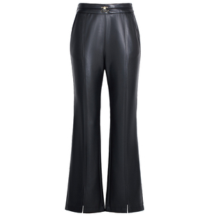 2025秋冬新款真皮皮裤女绵羊皮微喇叭开叉九分裤高腰百搭阔腿长裤