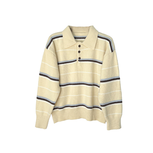 自带腔调感！~韩系POLO领毛衣女春季新复古高级感宽条纹针织上衣