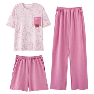 睡衣女款2026新款夏季纯棉短袖长裤三件套女士夏款粉嫩家居服夏天