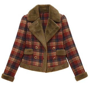 时尚复古格纹短外套女冬季休闲翻领毛呢小个子妈妈装加绒保暖上衣