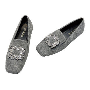 2026秋冬毛毛鞋女外穿豆豆鞋水钻方扣软底方头瓢鞋灰色乐福鞋大码