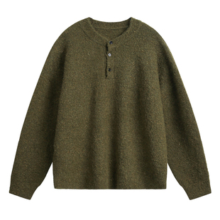 飞型记绵羊毛纯色亨利领纽扣休闲针织衫松弛感百搭套头毛衣外套