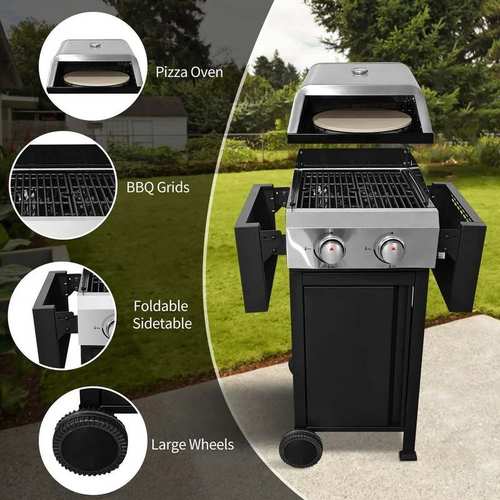 多功能美式双头烧烤炉燃气烧烤架披萨炉BBQ可折叠边桌带轮子