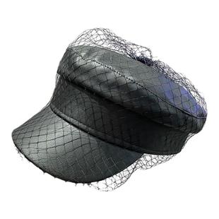 网纱皮质平顶帽女款时髦街拍潮流百搭画家帽复古百搭报童帽显脸小