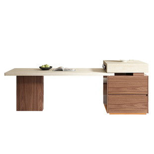 中古洞石岛台餐桌一体可伸缩小户型胡桃木色泡茶多功能高级感导台