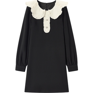 爱居兔春季经典黑白撞色花瓣领设计长袖连衣裙