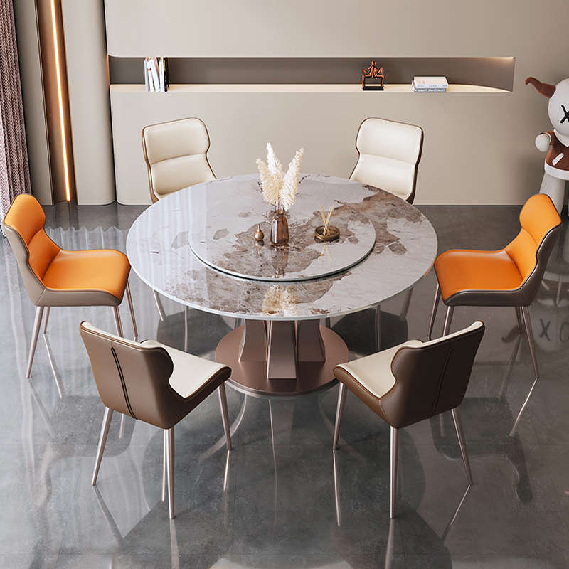 轻奢亮光岩板餐桌椅组合现代简约意式吃饭圆桌子家用小户型带转盘