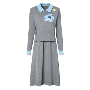 海青蓝 套装连衣裙女2025新款冬撞色娃娃领圆领时尚针织两件套