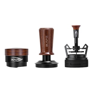 IKAPE咖铂咖啡恒力压粉器胡桃木手柄 重力布粉器不锈钢镀钛黑底