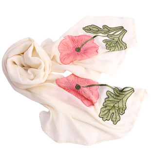 巨抬气色进口手工刺绣钉珠虞美人真丝贴布薄羊毛围巾丝巾本白色女