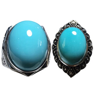 十堰天然原矿高瓷蓝无优化绿松石戒指戒面雕刻男女情侣925银黄金