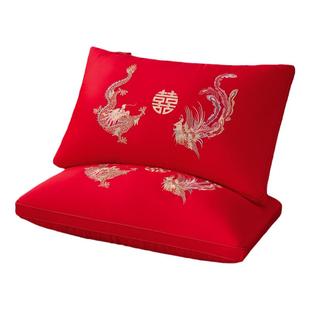 结婚龙凤枕头一对纯棉喜庆红色婚庆新娘婚房全棉新婚陪嫁枕芯