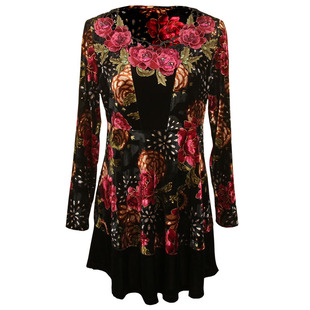 大码高贵妈妈金丝绒刺绣花中长款t恤女碧阳长袖上衣遮屁股v领显瘦