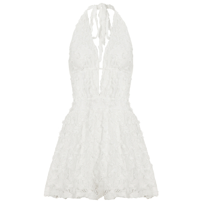 IAEY南法度假风白色蕾丝提花深V领挂脖连衣裙沙滩性感大露背A字裙