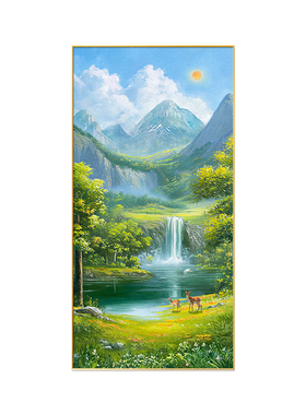 玄关装饰画青山绿水入户正对面风景手绘油画旭日东升走廊东墙挂画