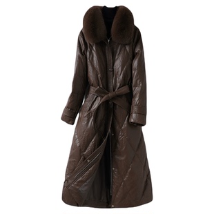 海宁皮衣女外套中长款收腰狐狸毛领白鸭绒真皮2025新款绵羊皮羽绒