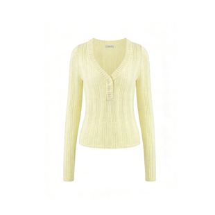 JAMUUS早春韩系嫩黄色V领镂空上衣女竖坑条螺纹百搭长袖针织衫