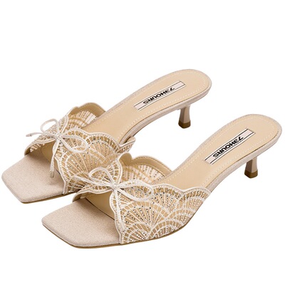 73hours细跟高跟蕾丝凉拖鞋