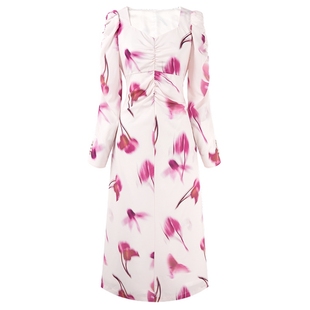 MISSCOCOON缎感晕染印花连衣裙后背镂空系带设计V领长裙秋款