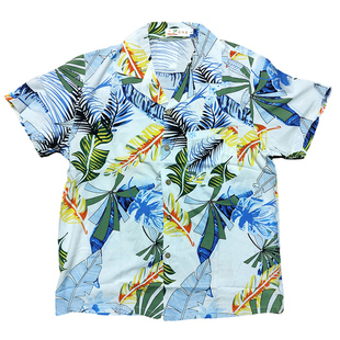 海岛服软料夏季衬衫黄色度假短袖肥胖印花蓝沙滩休闲人棉宽松大码