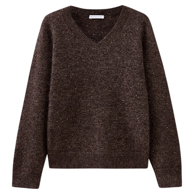 水云间v领马海毛针织衫女亮丝珠片毛衣厚秋冬季文艺复古穿搭2025