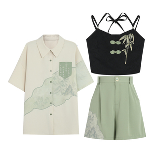 咏竹新中式三件套女装夏清冷国风衬衫套装中性风酷飒原创森女部落