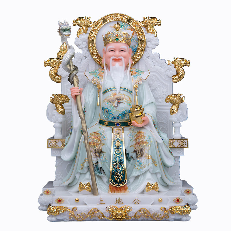 汉白玉土地公婆神像家用摆件